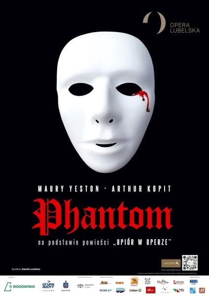 plakat musicalu Phantom, na czarnym tle biała maska teatralna poniżej napis Phantom