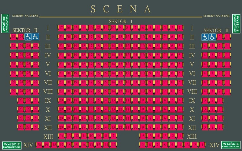 grafika przedstawia rozklad miejs siedzacych numerowanych z podzialem na sektory w sali widowiskowej opery lubelskiej polozonej na poziomie -1