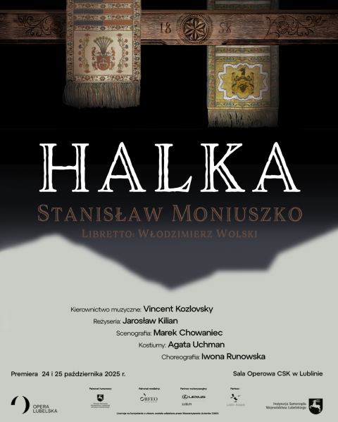 plakat o kształcie pionowego prostokąta w czarno-szarym kolorze promująca operę halka stanisława moniuszki 