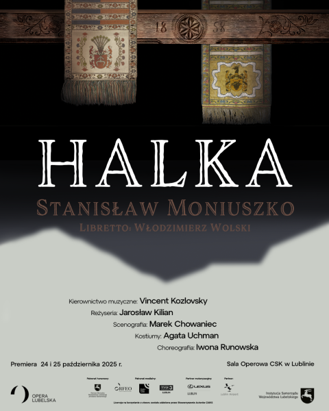 plakat o kształcie pionowego prostokąta w czarno-szarym kolorze promująca operę halka stanisława moniuszki