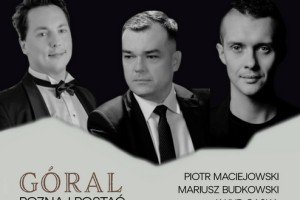 grafika w kształcie prostokąta w czarno-szarym kolorze z napisem GÓRAL POZNAJ POSTAĆ obok nazwiska solistów oraz ich zdjęcia.
