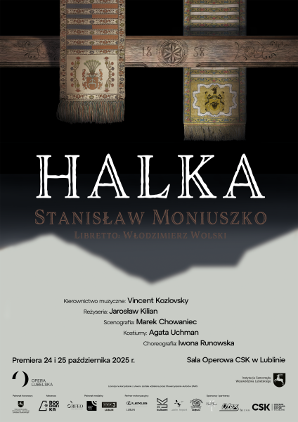 plakat o kształcie pionowego prostokąta w czarno-szarym kolorze promująca operę halka stanisława moniuszki 