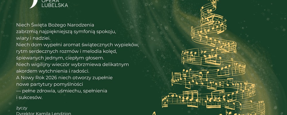 Zielona kartka świąteczna z życzeniami świątecznymi i Noworocznymi.