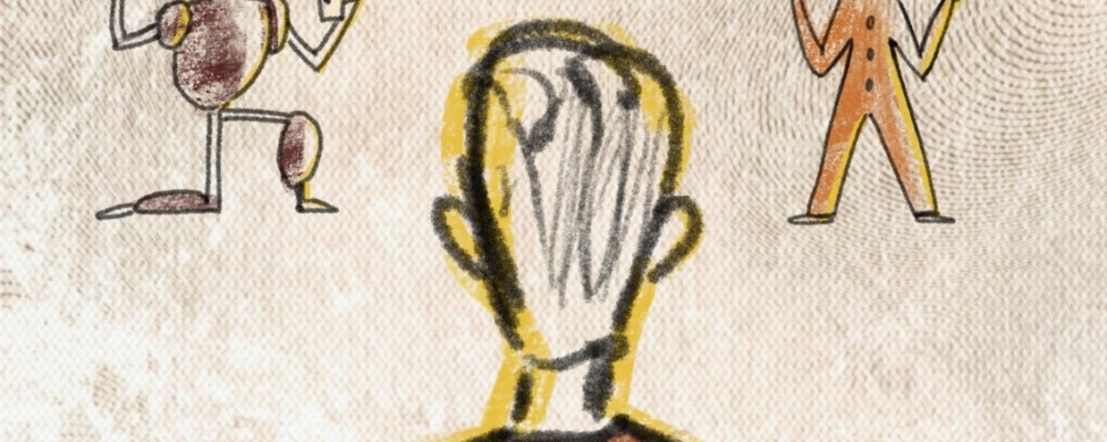 Na jasnym, fakturowanym tle widnieją minimalistyczne, odręcznie rysowane postacie inspirowane teatrem.